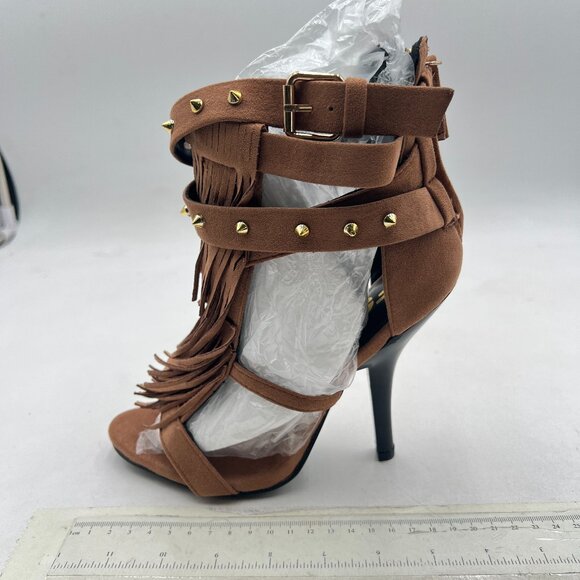 FSJ Brown Tassels Gladiator Open Toe Stiletto High Heel Fringed Rivets Sandals - Picture 2 of 8